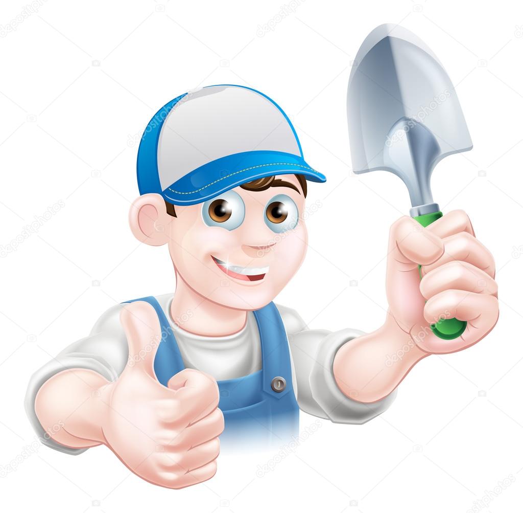 A cartoon gardener character holding a garden trowel and giving a thumbs up