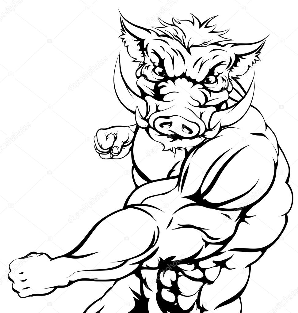 A mean tough boar animal sports mascot punching at viewer