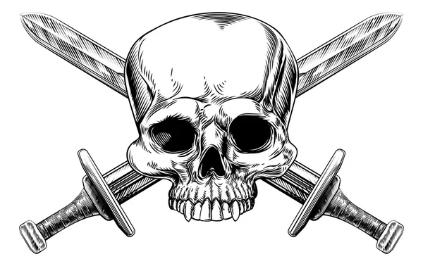 Skull and Cross Swords Woodcut — Stock Vector