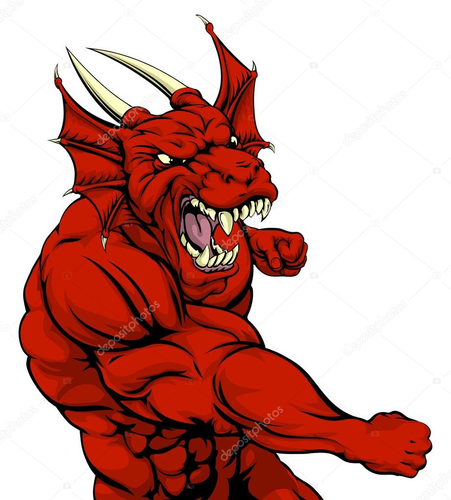 A mean looking red dragon character mascot fighting and punching with fist