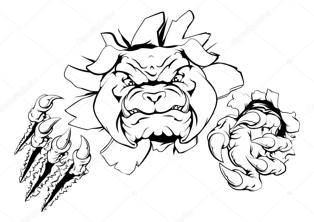 Bulldog sports mascot or character smashing out of background