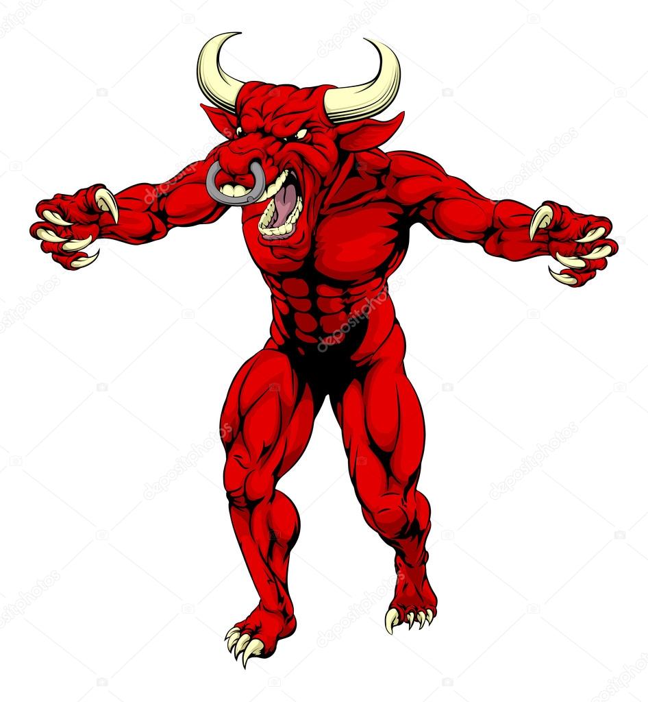 An aggressive tough mean red bull sports mascot character with claws out