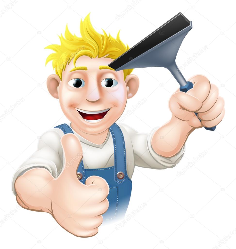 A Window Cleaner man holding a Squeegee and giving athumbs up