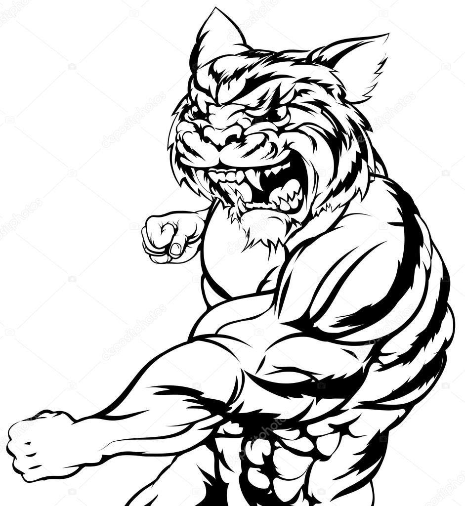 A mean tough tiger animal sports mascot punching at viewer