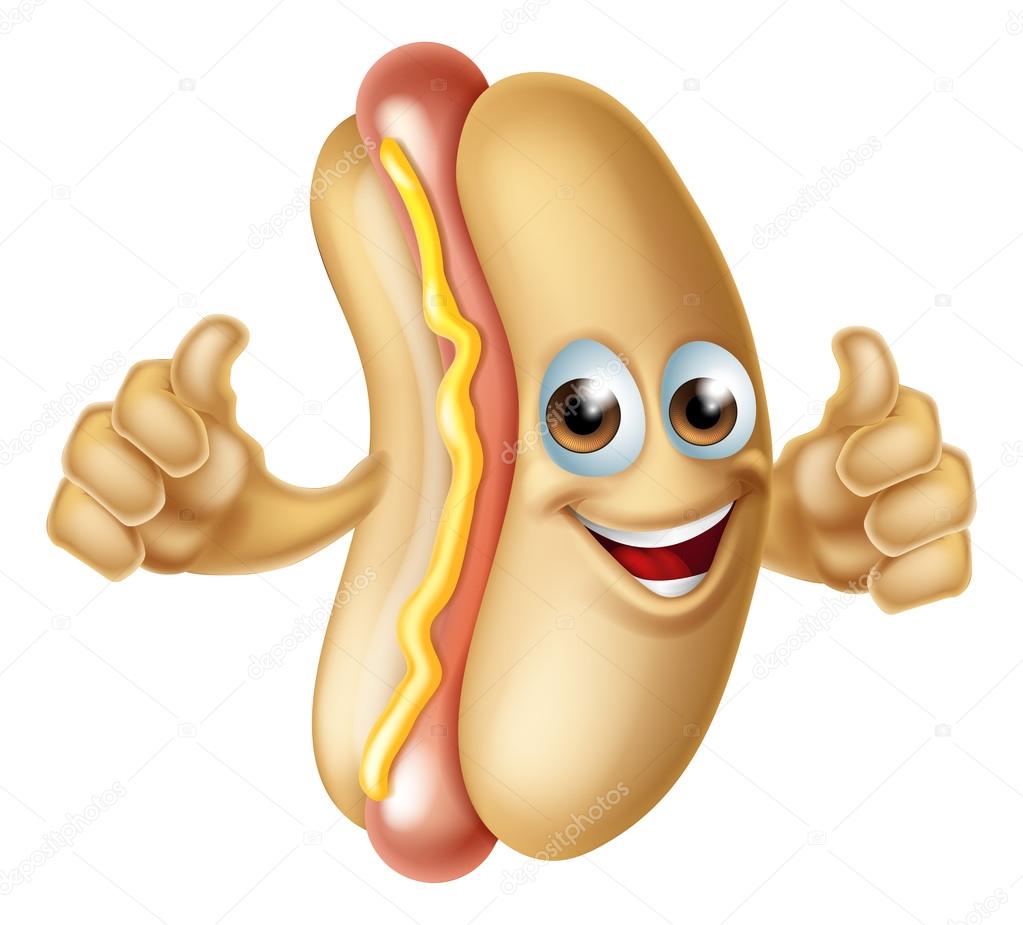 A cartoon hot dog sausage mascot