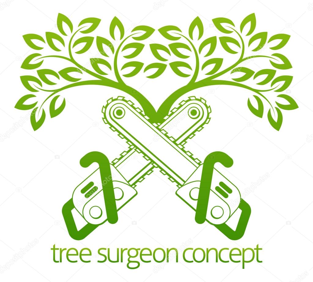 A crossed chainsaws and tree Tree Surgeon or gardener concept design