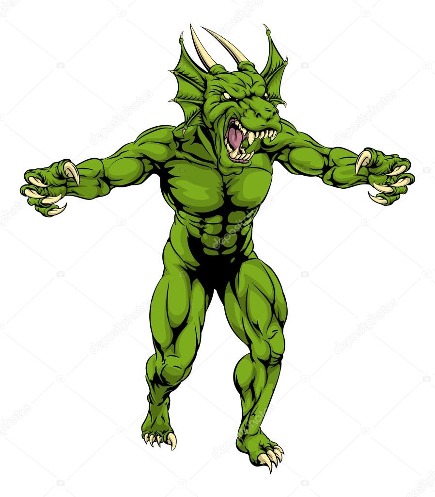 An aggressive tough mean green dragon sports mascot character with claws out