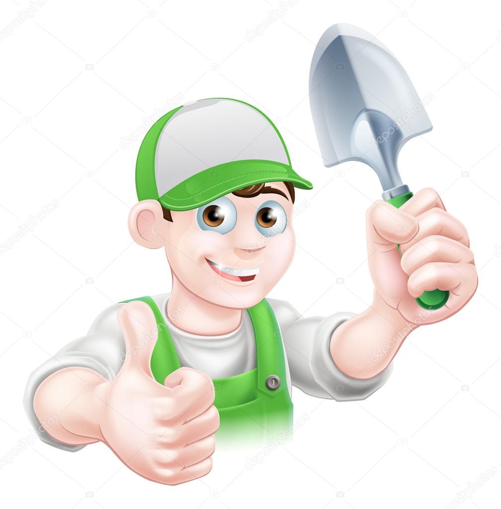 Happy cartoon gardener character in a cap and dungarees holding a garden trowel spade tool and giving a thumbs up