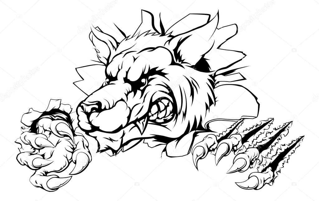 Wolf breakthrough illustration of a red dragon breaking out