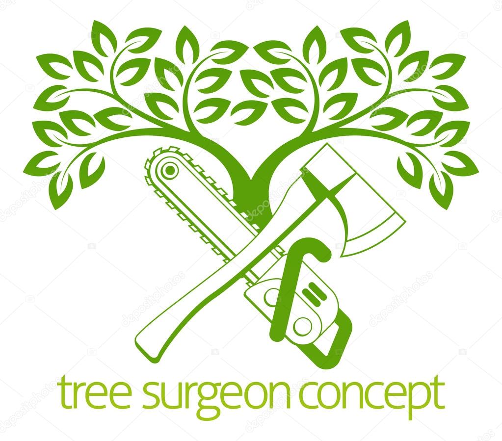 A crossed axe and chainsaw and tree Tree Surgeon or gardener concept design