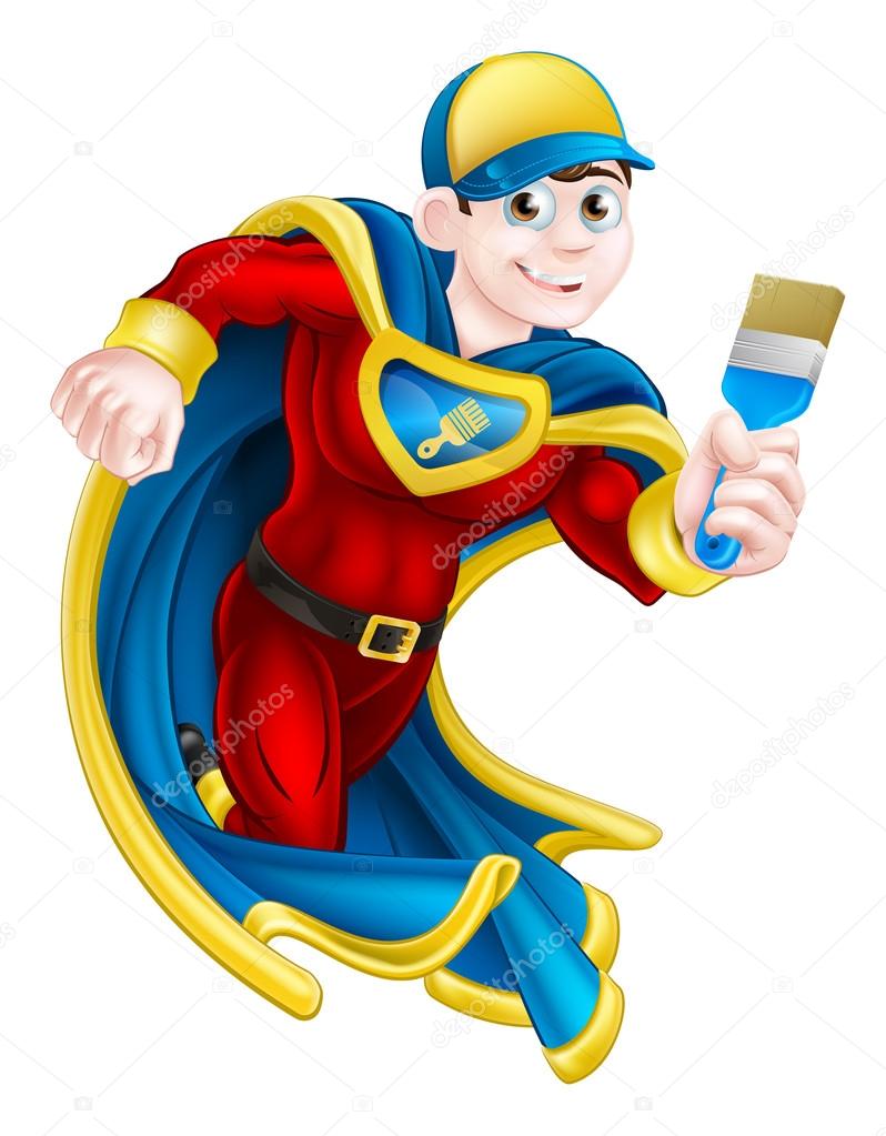 Cartoon decorator or painter superhero mascot holding a paintbrush