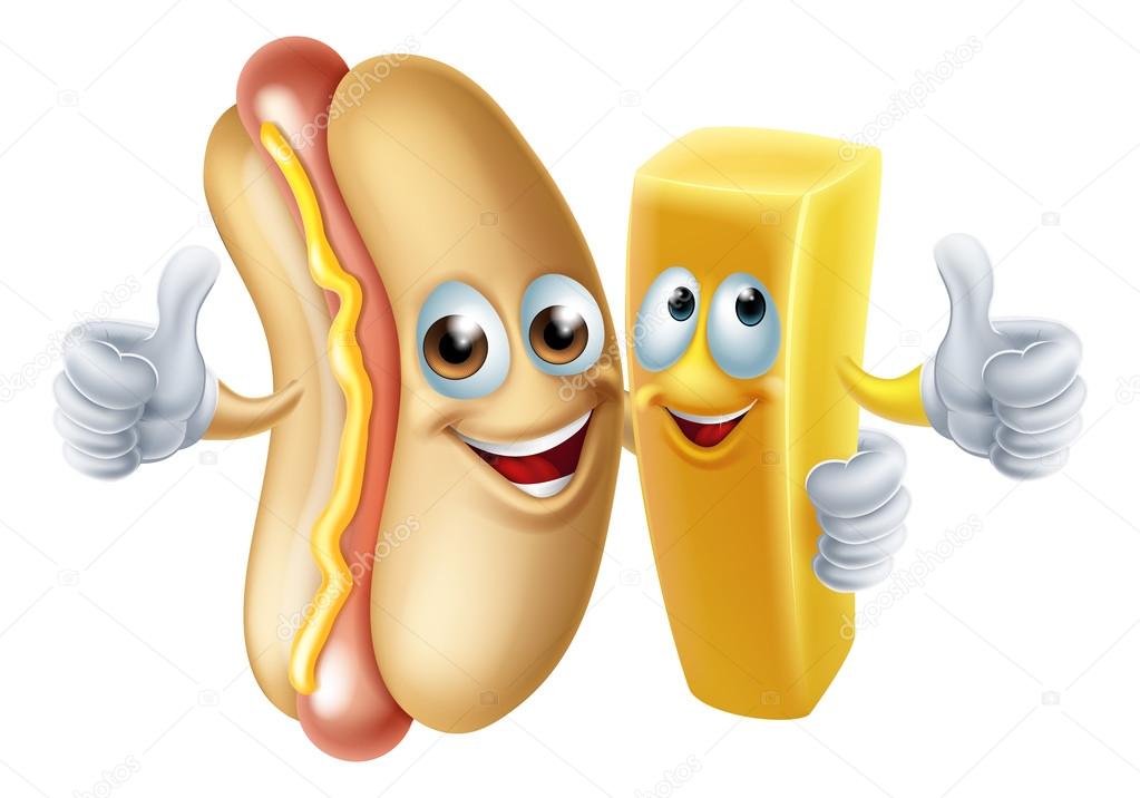 Cartoon hotdog and patoto chip french fry mascots