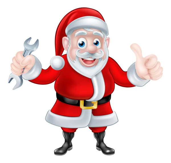 Cartoon Santa geven duimen omhoog ingedrukt te houden Spanner — Stockvector
