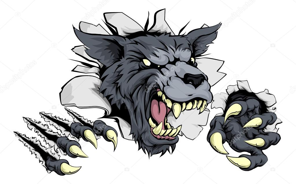 A scary wolf mascot ripping through the background with sharp claws