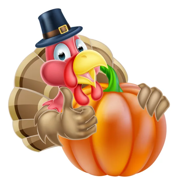 Pelgrim Hat Thanksgiving kalkoen en pompoen — Stockvector