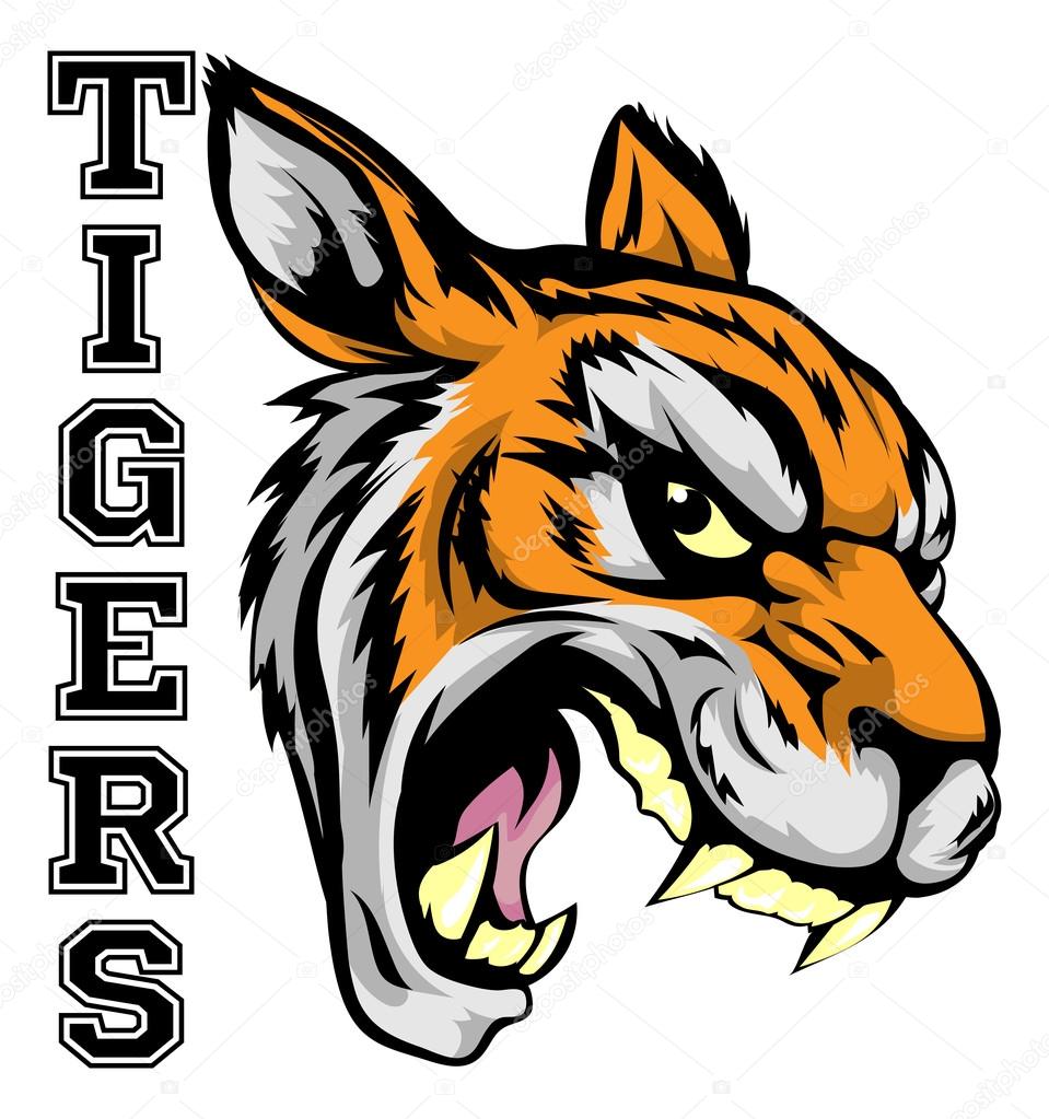 An illustration of a tiger sports mascot head with the word tigers