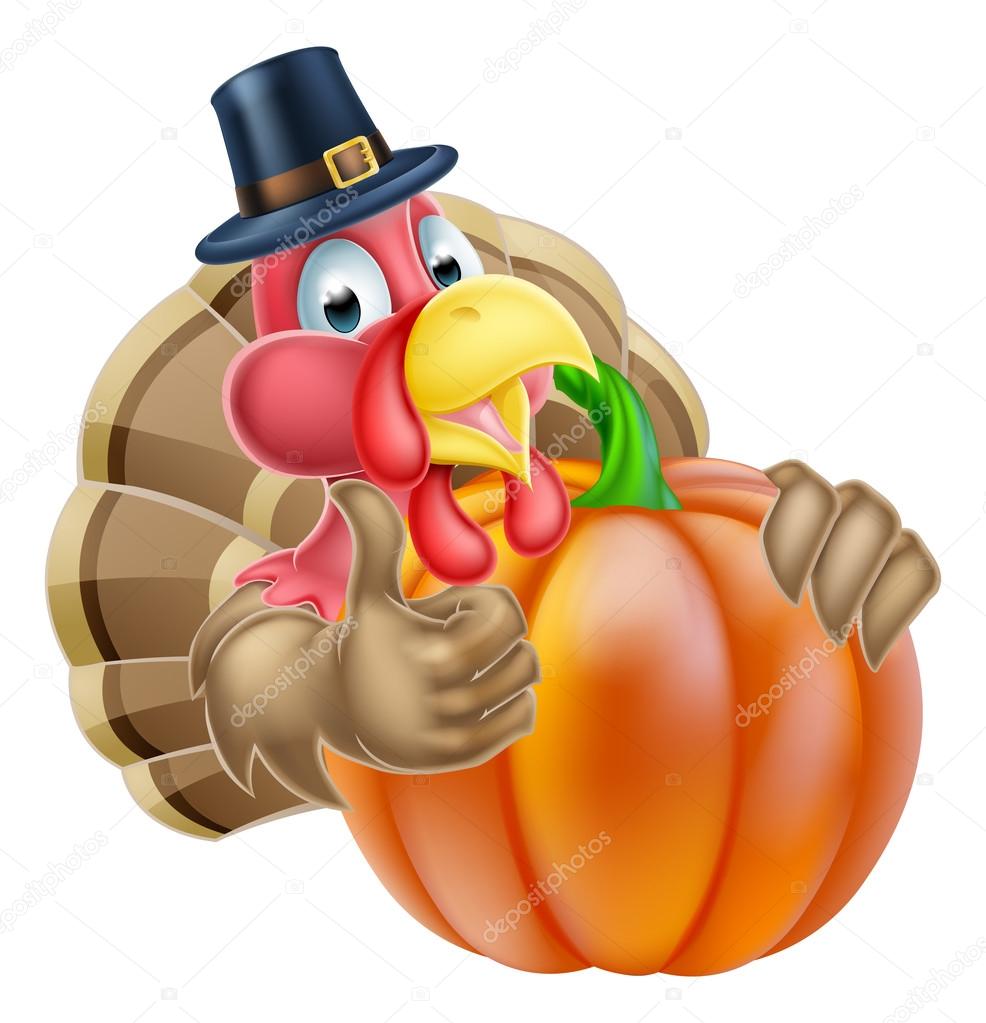 Thanksgiving cartoon turkey bird giving a thumbs up and wearing a pilgrim hat behind a pumpkin