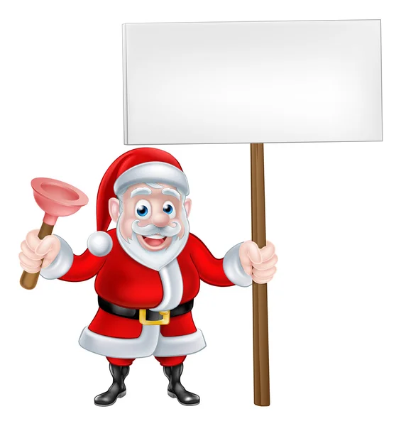 Cartoon Santa Holding Plunger and Sign — Stock Vector