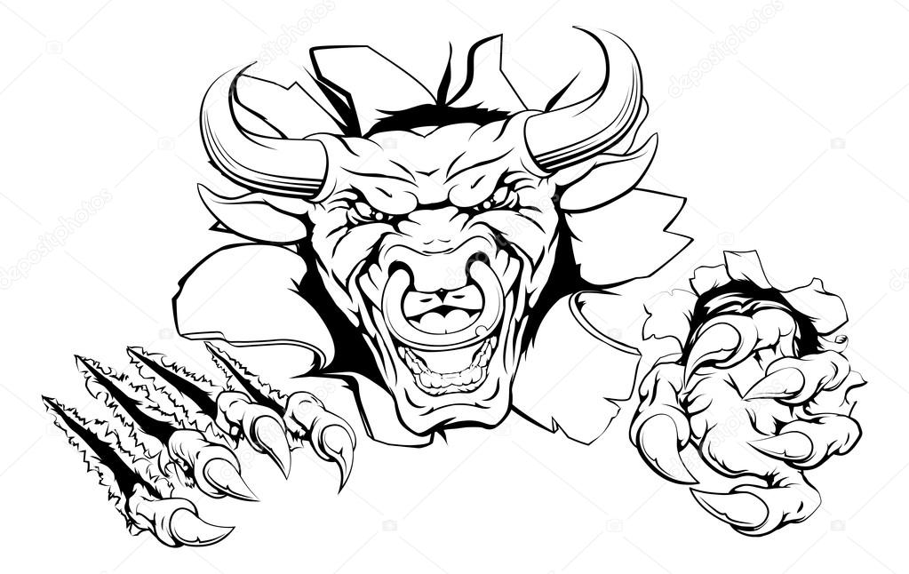 Bull mascot breakthrough concept of a bull sports mascot or animal character ripping through a wall