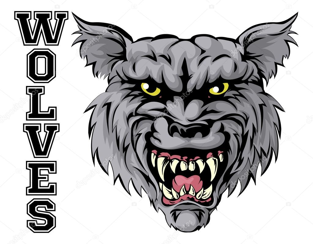 An illustration of a Wolf sports mascot head with the word Wolves