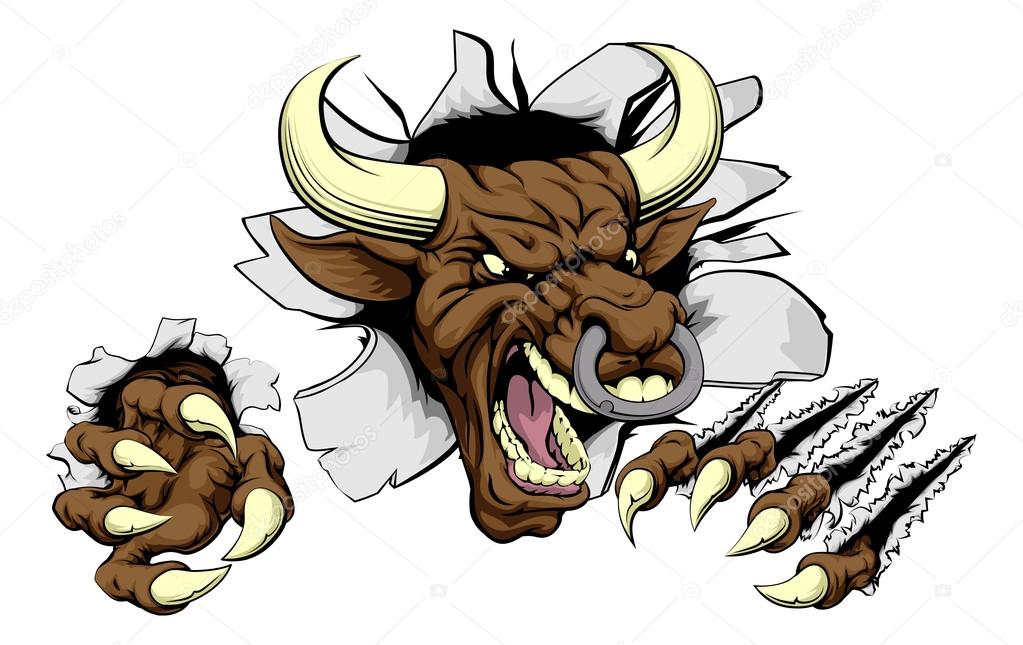Bull sports mascot concept of a mean looking tough bull smashing through a wall