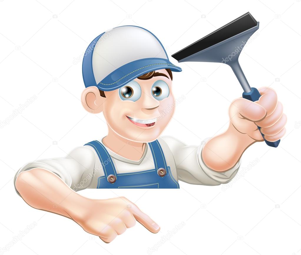 A cartoon window cleaner holding a squeegee and pointing down at a sign or your message