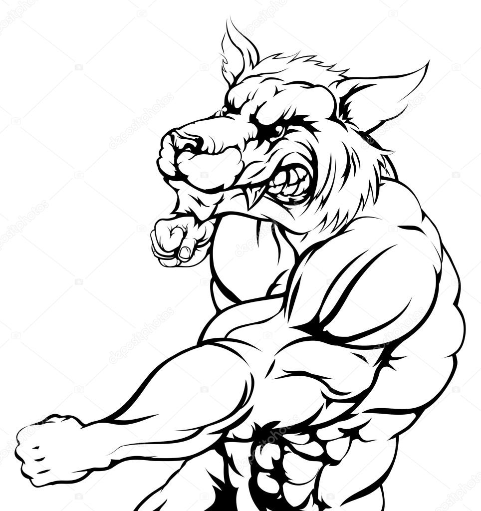 A tough muscular wolf werewolf character sports mascot attacking with a punch