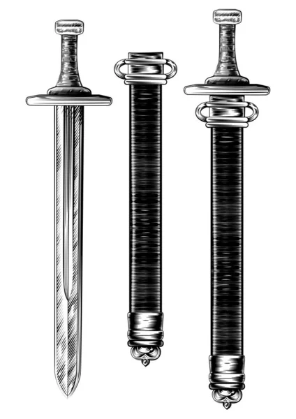 Grawerowany miecz Ilustracja wyrywania drzeworytu — Wektor stockowy