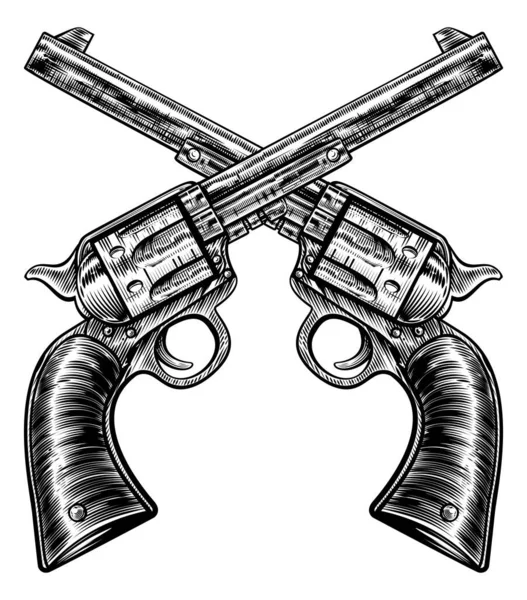 Przekroczony pistolet pistoletowy Rewolwery Vintage stylu Woodcut — Wektor stockowy