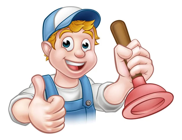 Cartoon Handyman Klempner Holding Plunger — Stockvektor