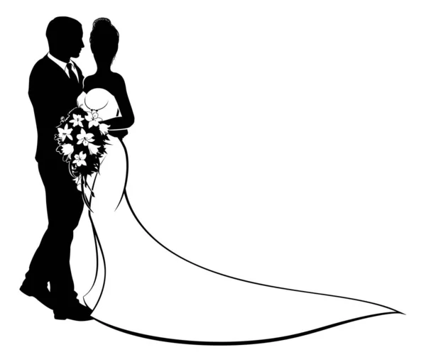 Bruid en bruidegom Bloemen Bruiloft Silhouet — Stockvector