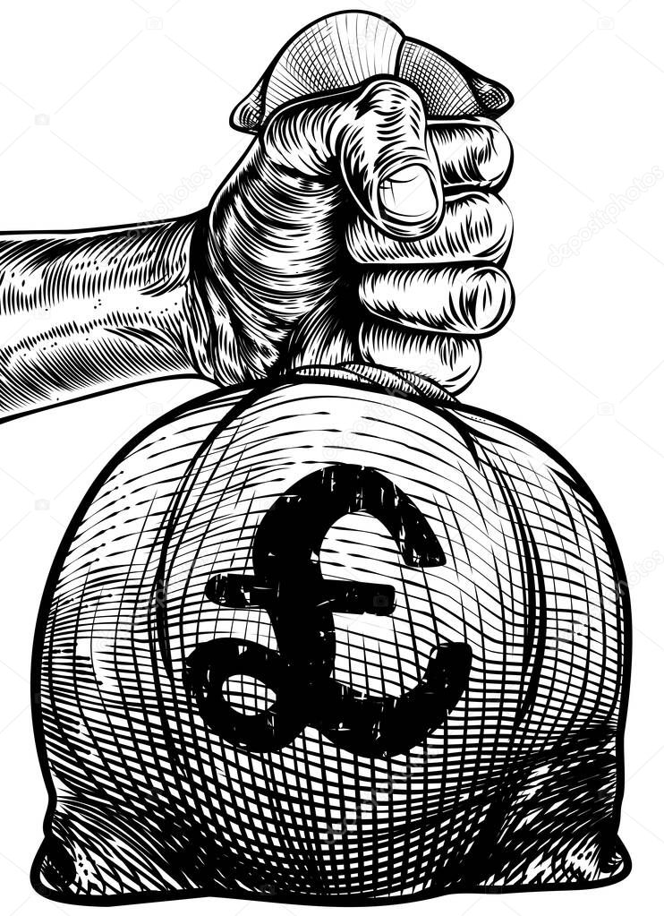 Hand holding a burlap sack or money bag in an etched or engraved wood cut vintage retro style with a pound sign