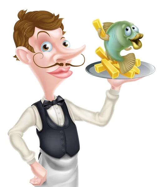 Cartoon Waiter Butler Holding Fish and Chips — Stock Vector