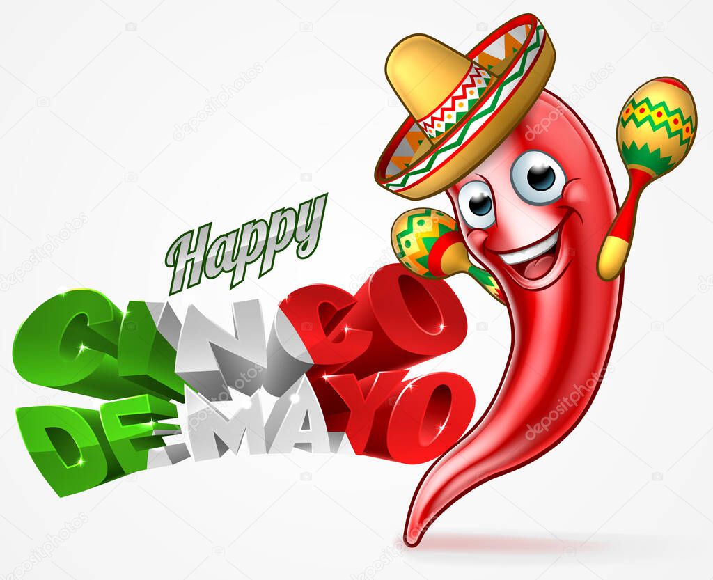 A Happy Cinco De Mayo Mexican design with red chilli pepper cartoon character in sombrero straw hat holding maracas shakers