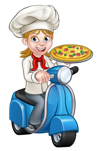 Мультфільм Жінка Піца шеф-кухаря на мопеді скутер — стоковий вектор
