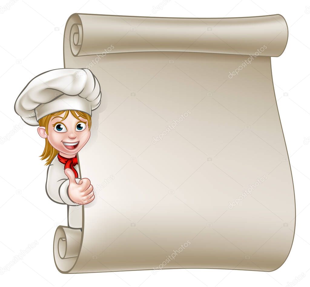 Cartoon woman chef or baker character giving thumbs up and peeking around sign or scroll menu