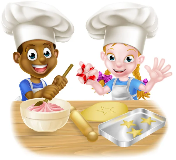 Cartoon Child Chefs Baking Cakes — Stock Vector