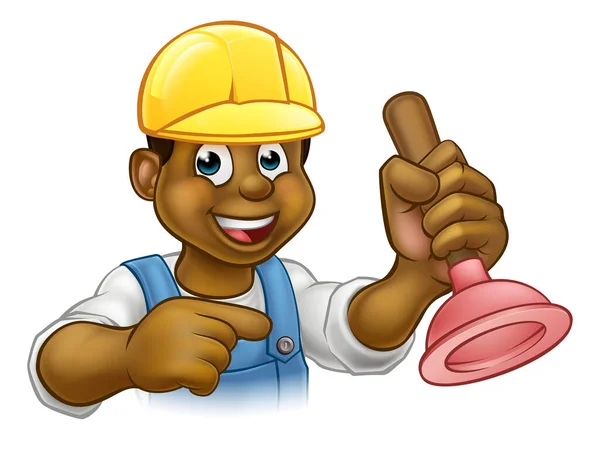 Handyman Plumber Holding Punger Cartoon Character — Stockový vektor