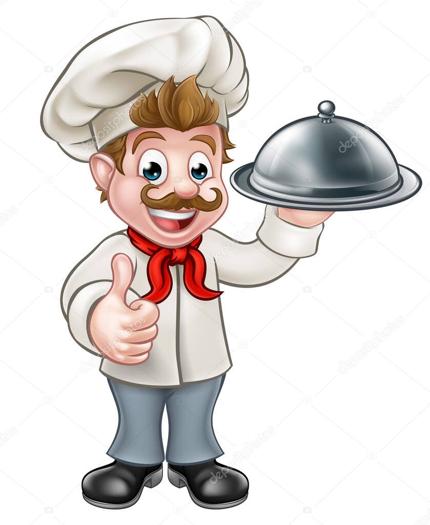 Cartoon chef or baker holding a silver cloche food meal plate platter and giving thumbs up
