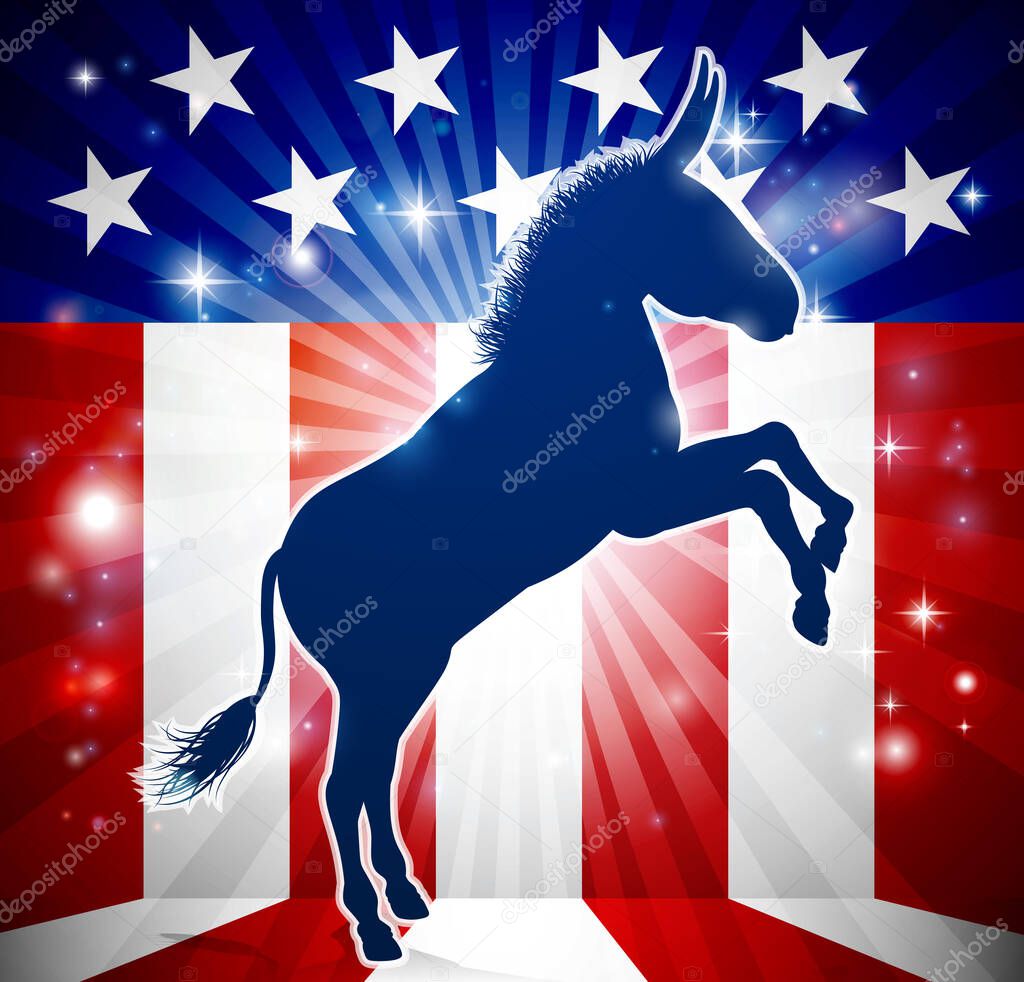 A donkey in silhouette with an American flag in the background democrat political mascot animal