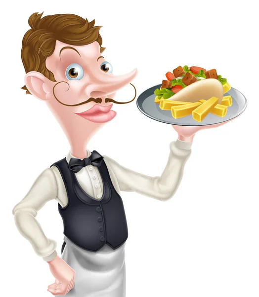 Cartoon Waiter Butler Holding Kebab and Fries — 스톡 벡터