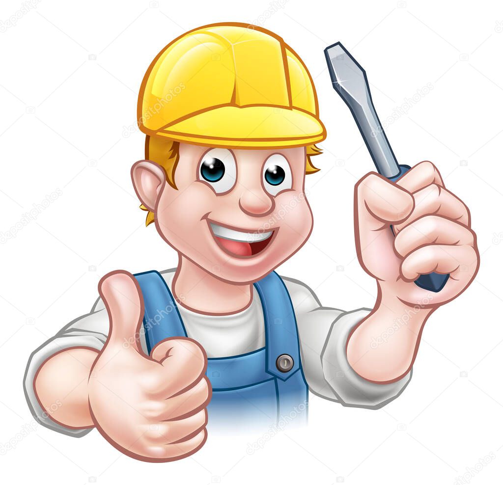 An electrician handyman cartoon character holding a screwdriver and giving a thumbs up