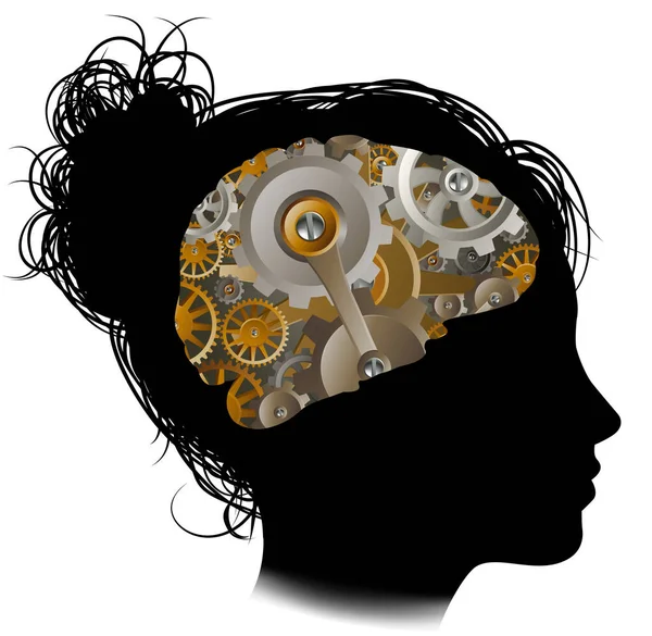 Máquina de trabajo engranajes Cogs cerebro mujer — Vector de stock