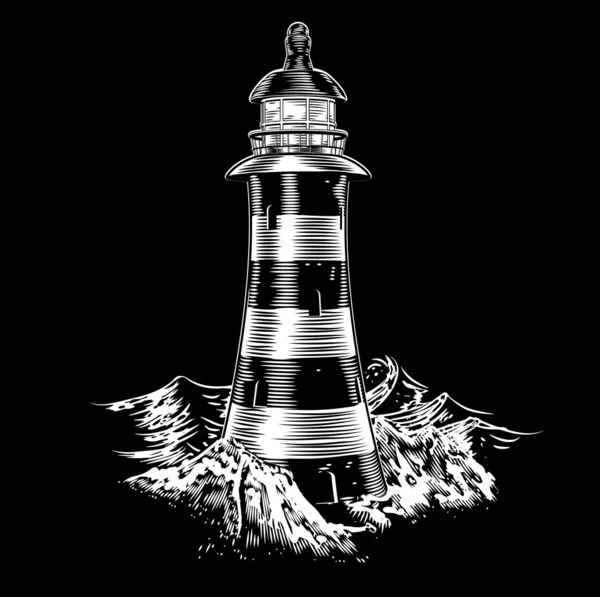 Phare la nuit avec mer agitée — Image vectorielle