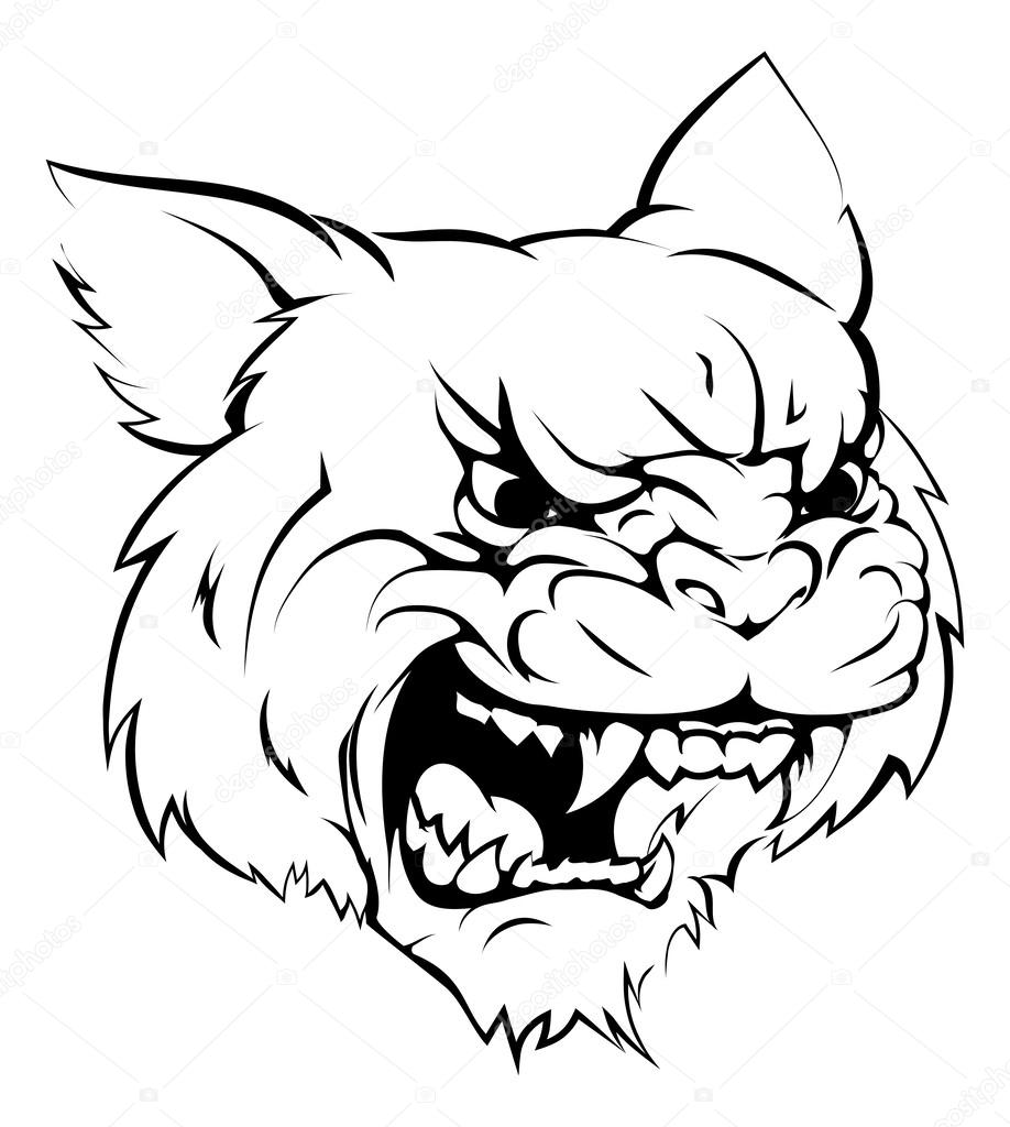 A black and white illustration of a fierce wildcat animal character or sports mascot