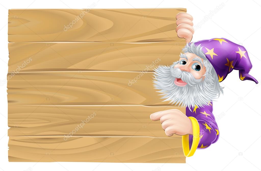 Cartoon wizard pointing sign