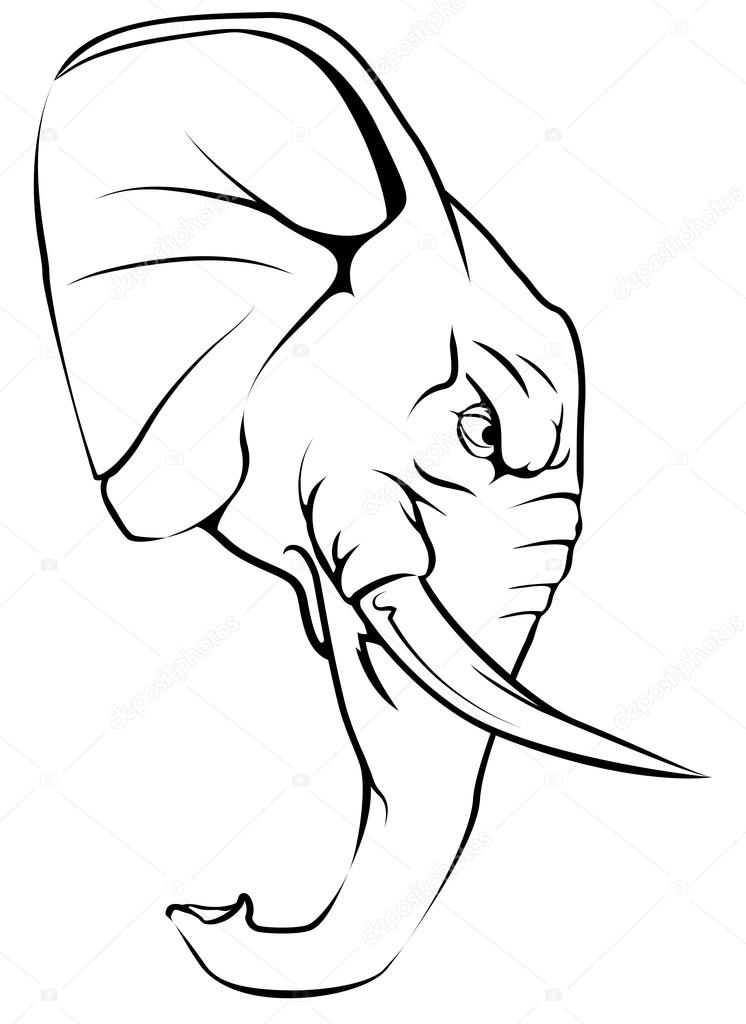 A black and white illustration of a fierce elephant animal character or sports mascot