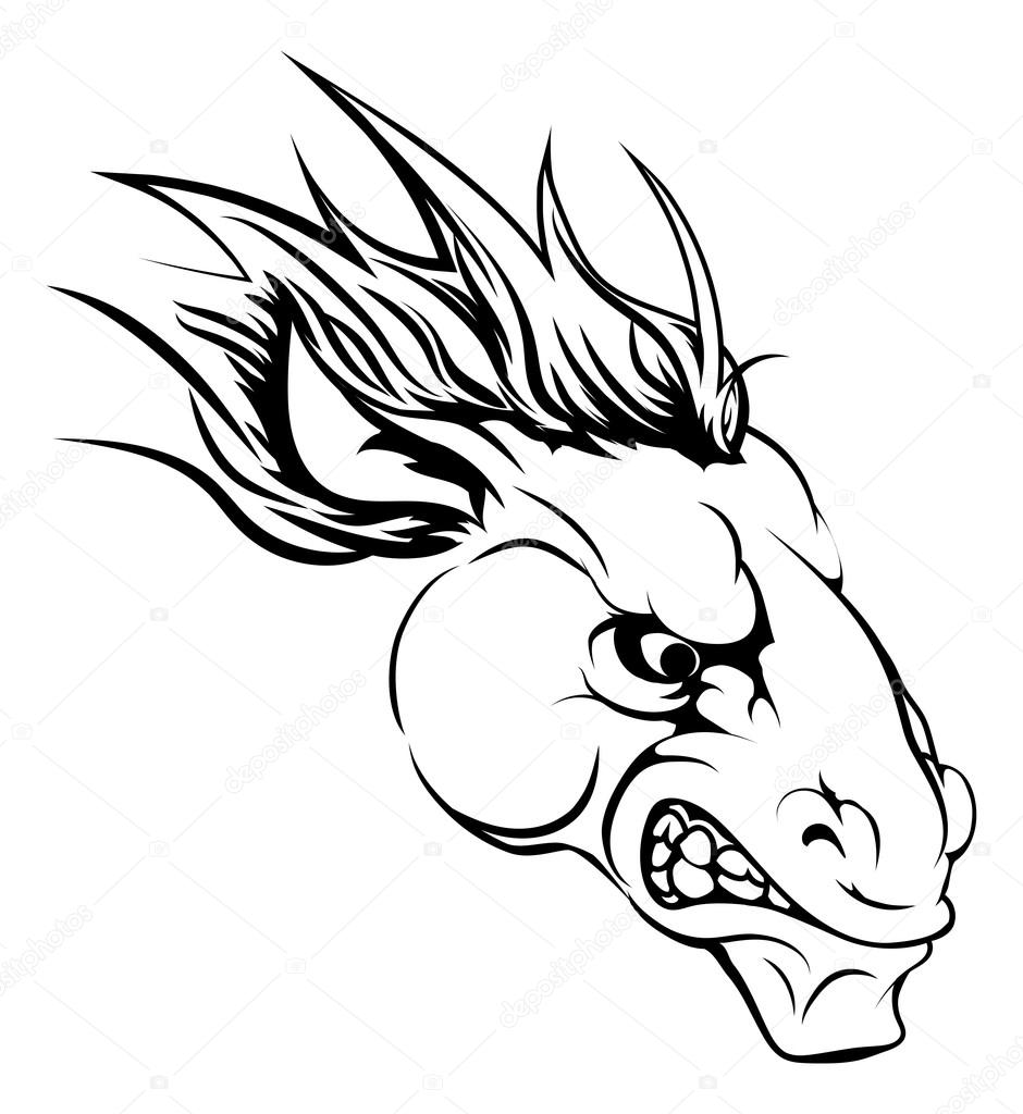 A black and white illustration of a fierce horse animal character or sports mascot
