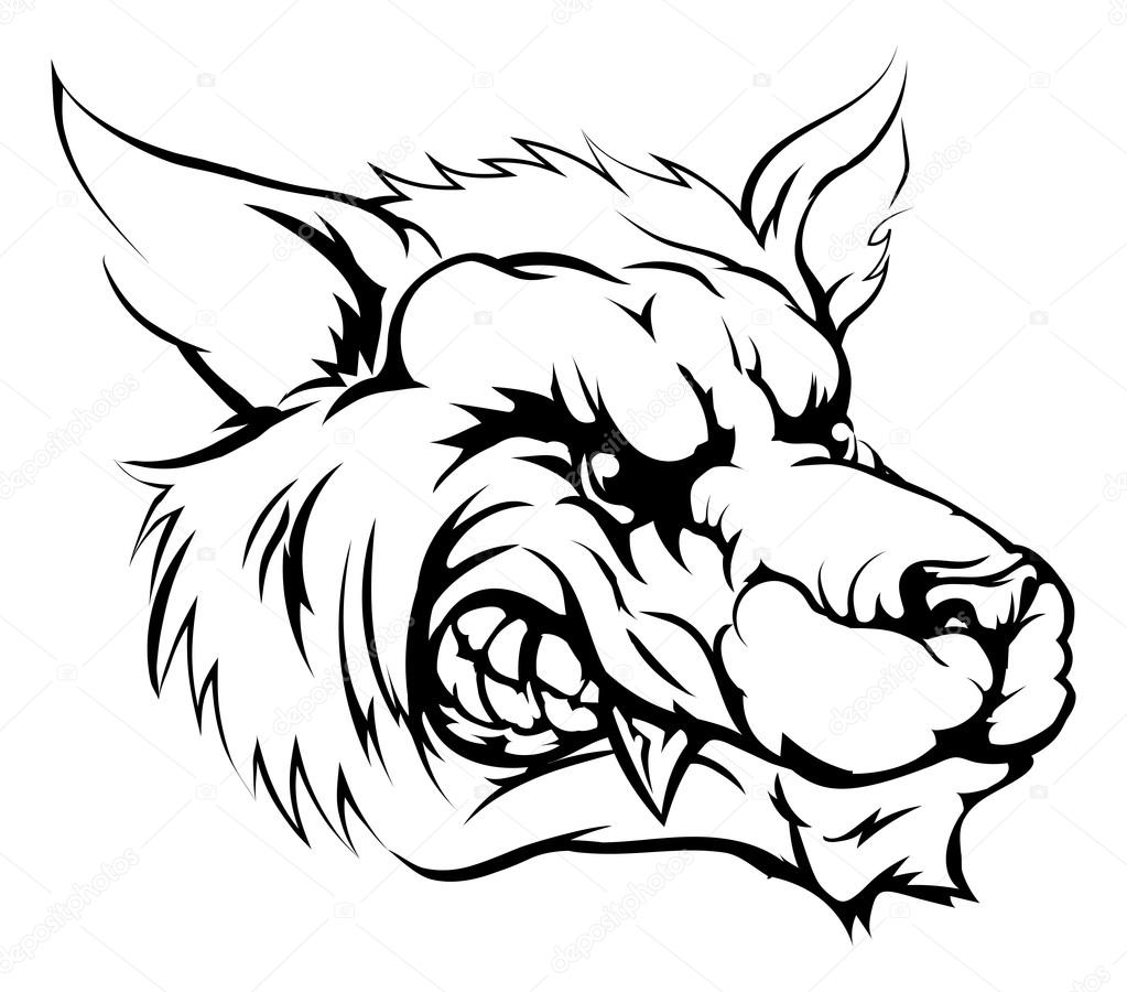 A black and white illustration of a fierce wolf animal character or sports mascot