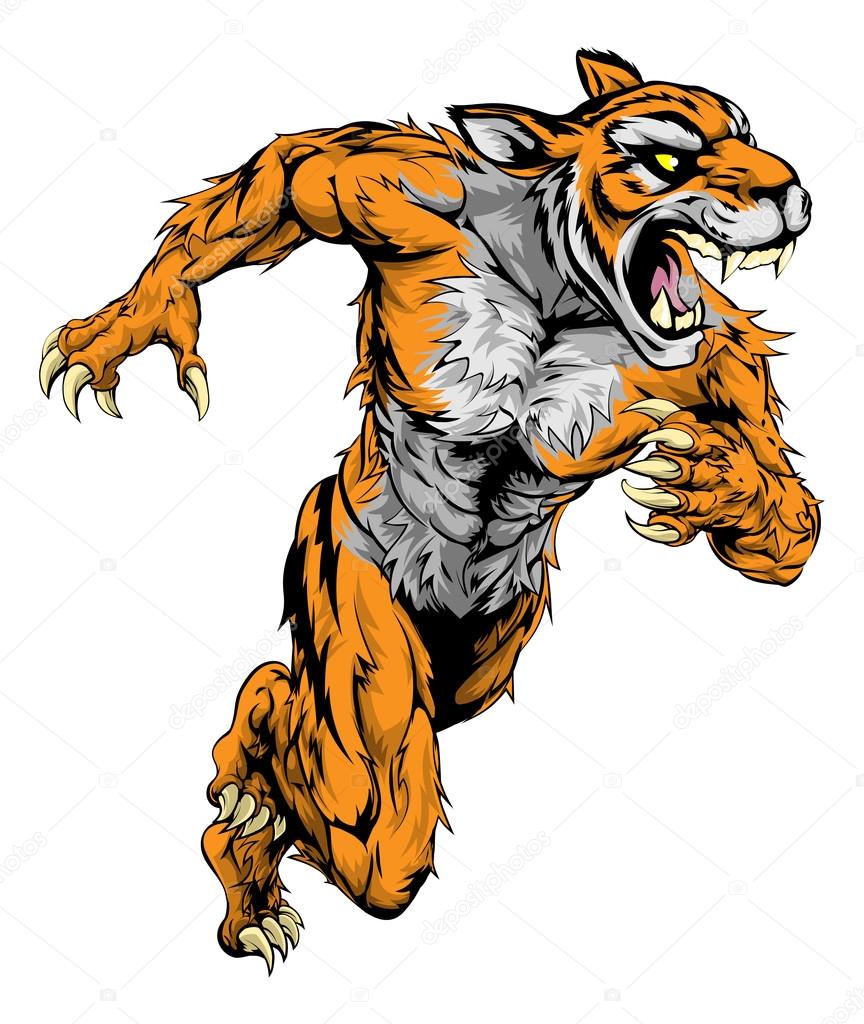 A tiger man character or sports mascot charging, sprinting or running